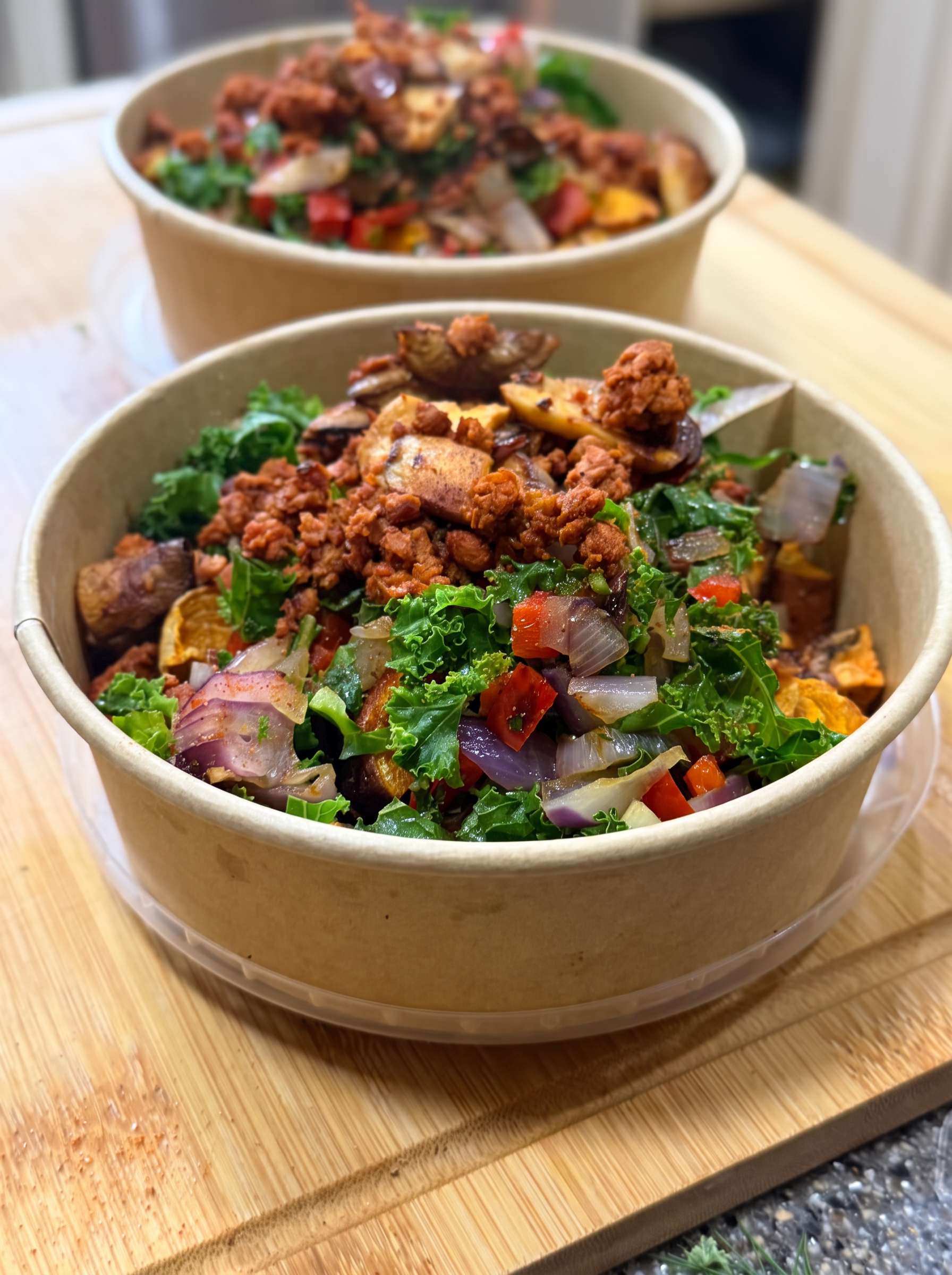 Healthy halal kale and roasted vegetable bowls prepared by Chef Jamela B.